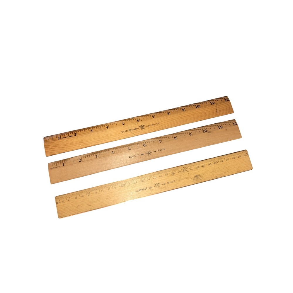 Lot Of 3 Wescott Wood Ruler 12" Metal Edge Natural Flat School (1 Double Sided )